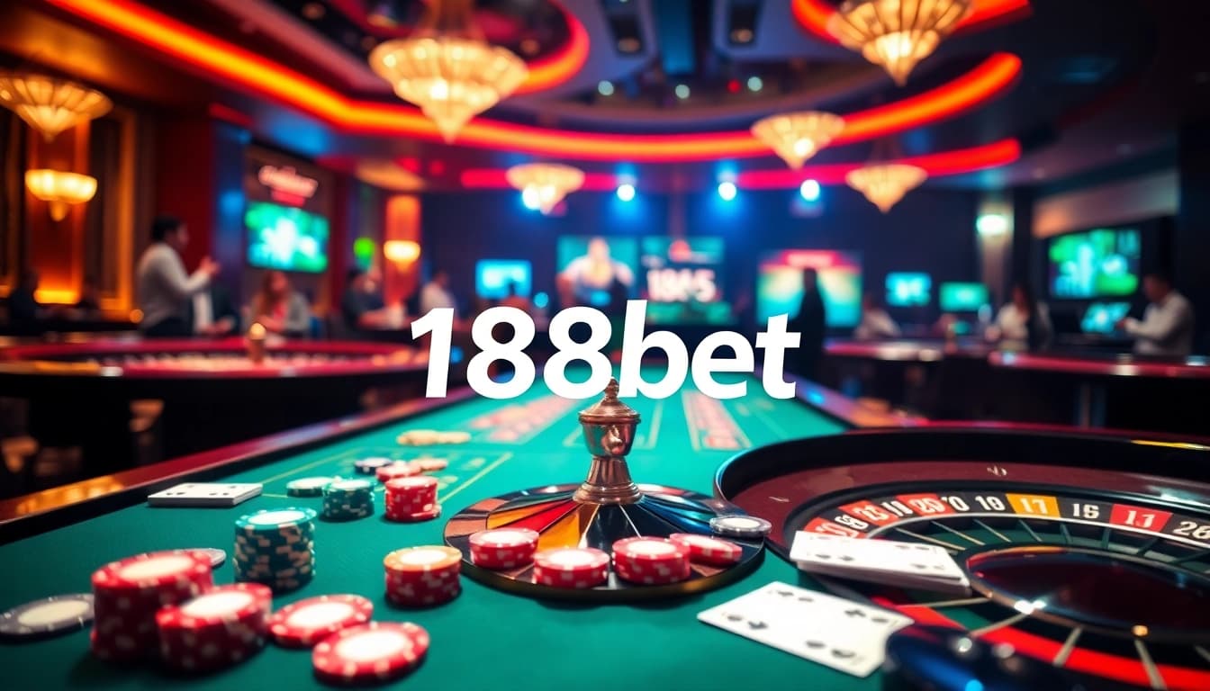 Players enjoying casino games at 188bet table, with chips and cards in action.