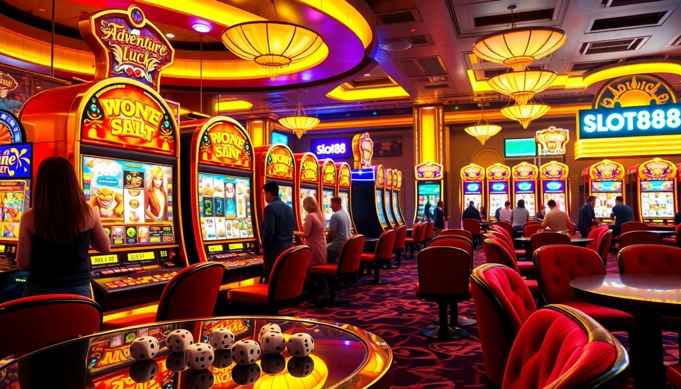 Players enjoying slot88 machines in a luxurious casino setting, showcasing excitement and anticipation.