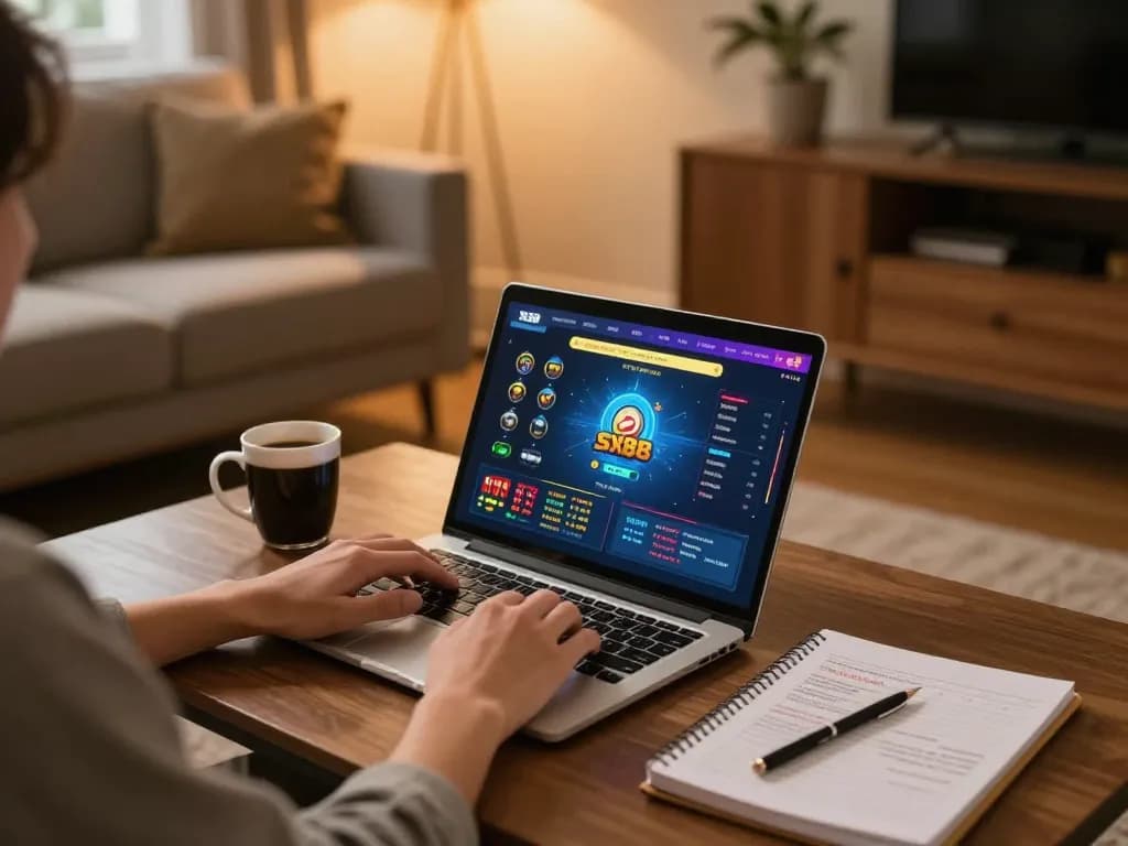 Player engaging with sx88 online gambling on a laptop in a cozy living room setting.