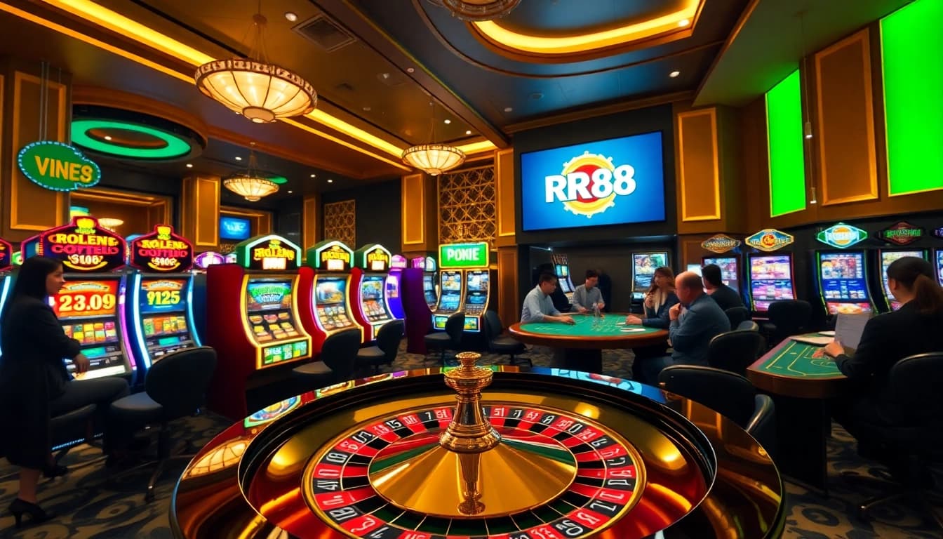Experience thrilling casino excitement at RR88 with vibrant tables, cards, and players.