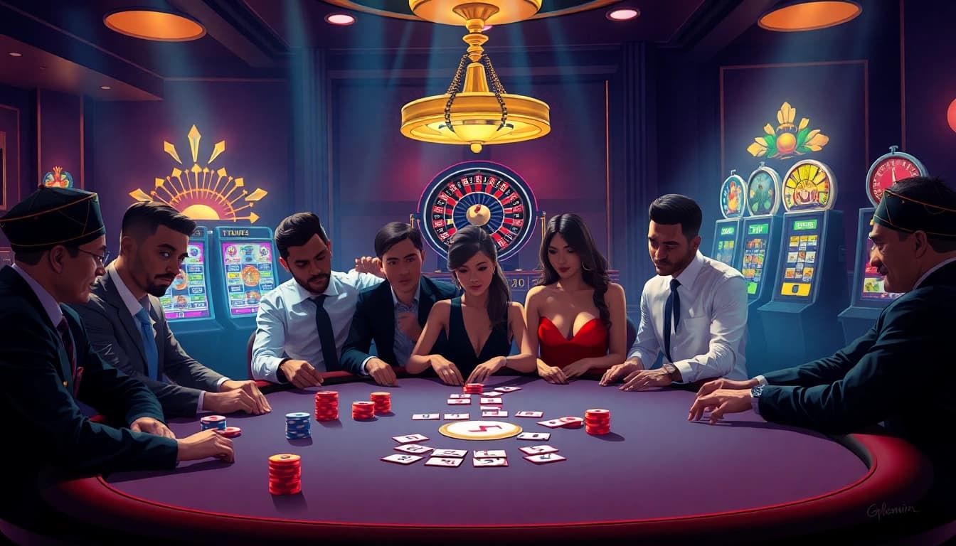 Engaged gamblers at a lavish poker table reflecting the gemwin blog's thrilling gaming atmosphere.