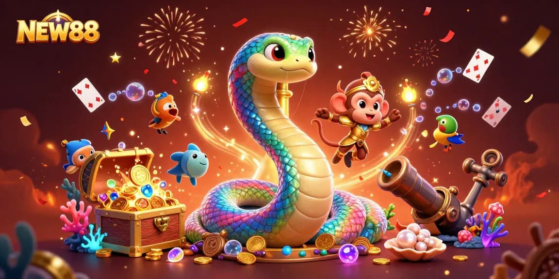 Experience the vibrant world of NEW88 with exciting treasures and magical elements in this immersive casino illustration.