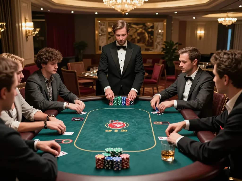 Players strategizing in a high-stakes poker game at F8BETLV casino with elegant decor and vibrant chips.