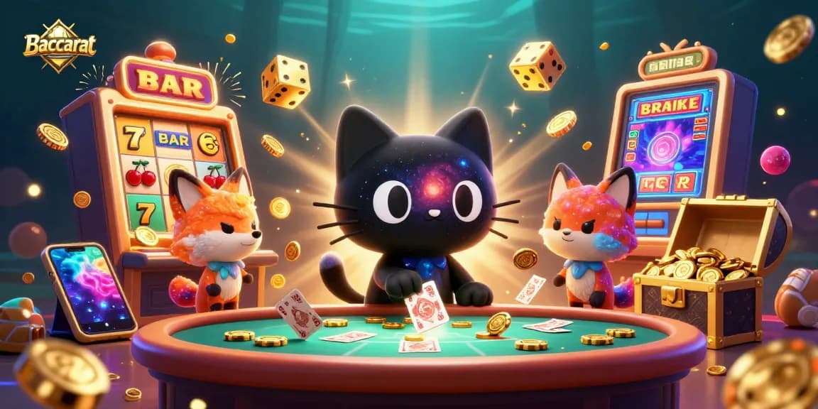 Baccarat cartoon illustration with a cosmic cat and fox at a casino table, surrounded by golden chips.
