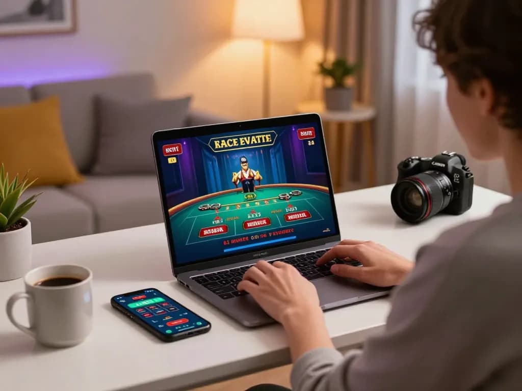 Person playing say88 poker game on a laptop in a cozy home setting, showcasing an engaging online gambling experience.