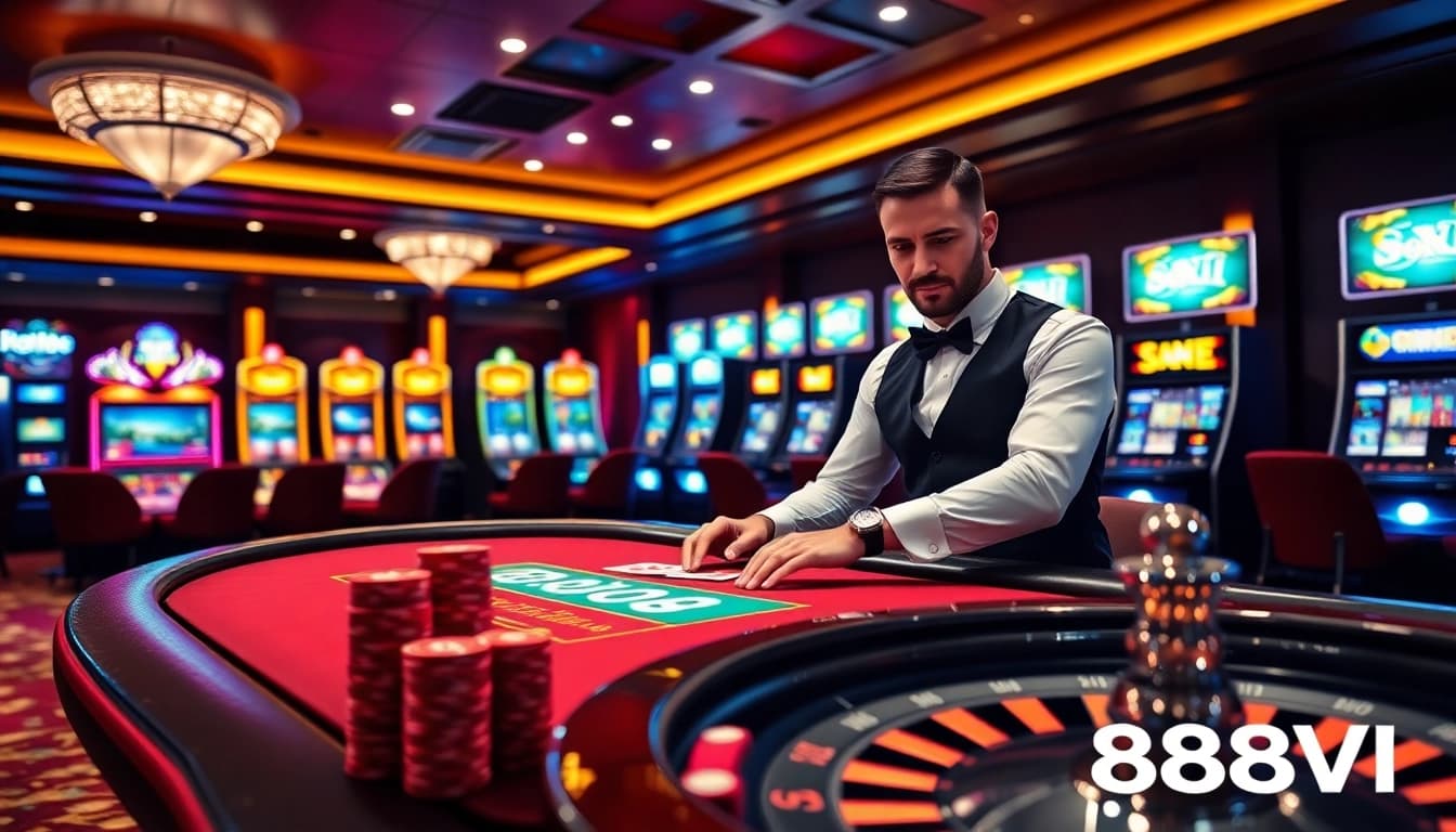 Experience thrilling casino action with 888VI, showcasing high-stakes gaming at a professional poker table.