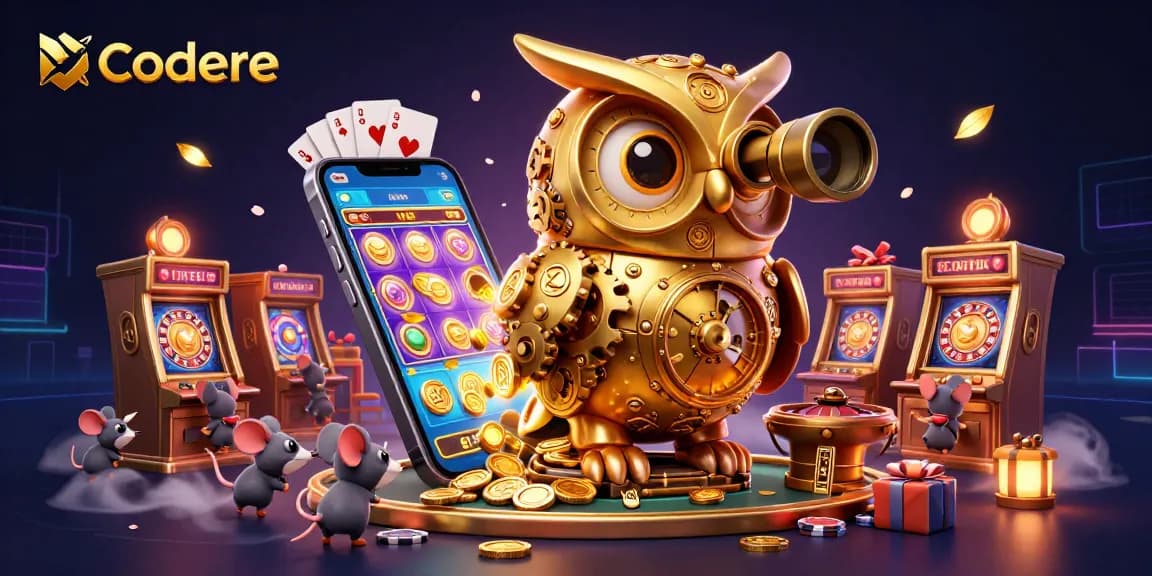 Engage with Codere's vibrant 3D cartoon scene featuring a golden owl, wind-up mice, and slot games.