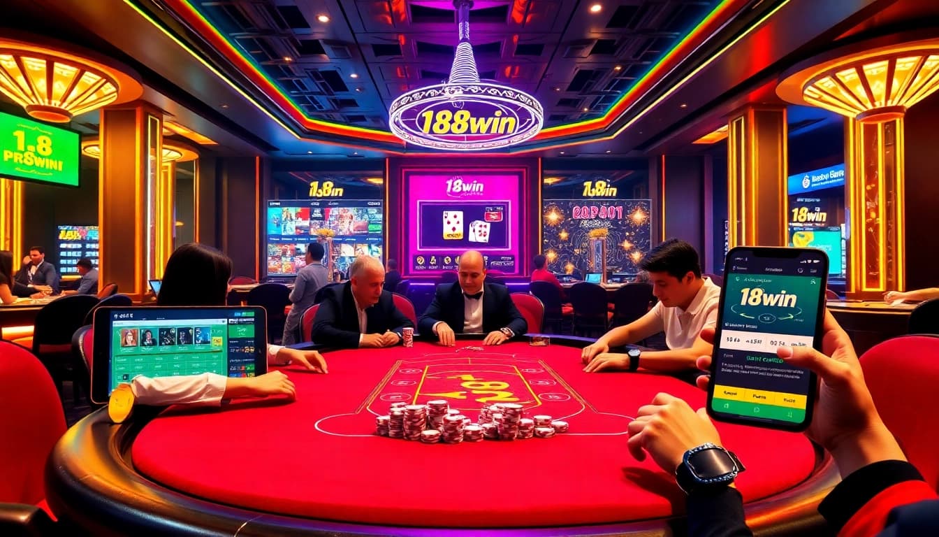 Players enjoying a thrilling poker game at 18win casino, with chips and cards in play.
