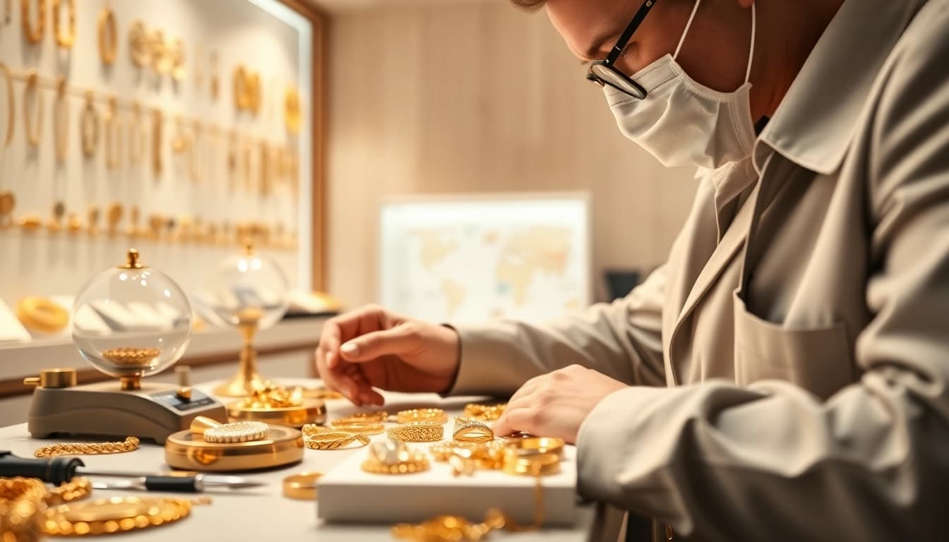 Realizza il compro oro a distanza in un ambiente professionale con gioielli dorati.