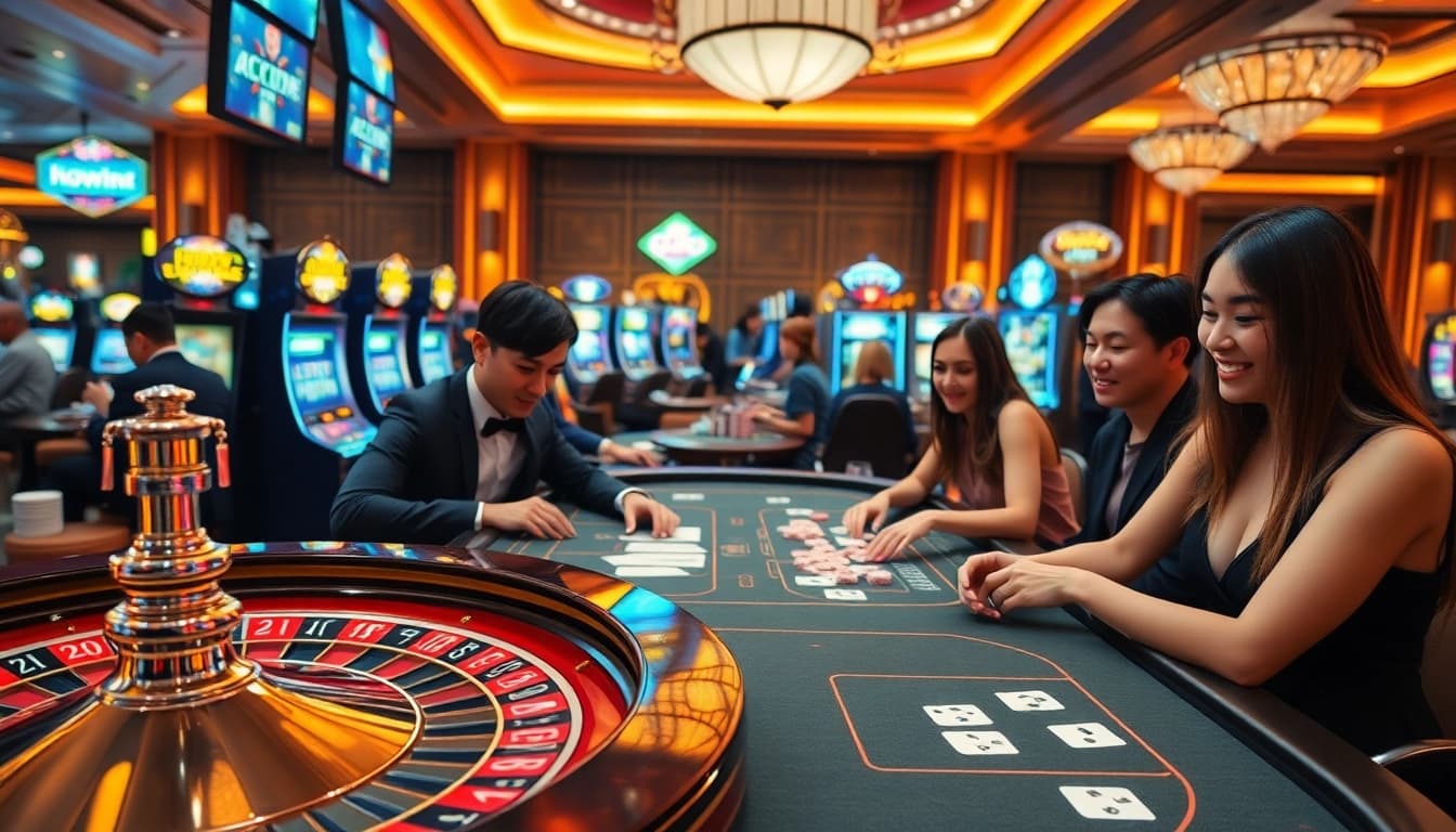 Dynamic casino scene showcasing excitement at nhà cái NOHU with gamblers engaged in poker and roulette.
