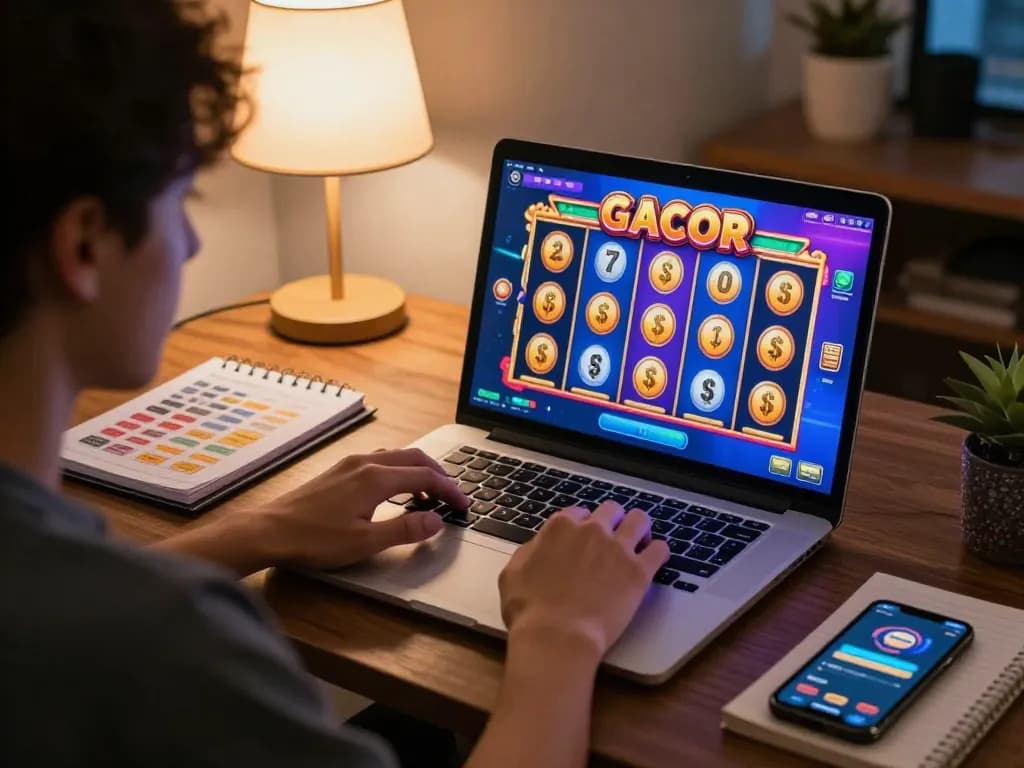 Engaging player enjoying a slot gacor game on a laptop at home, showcasing strategic gambling.