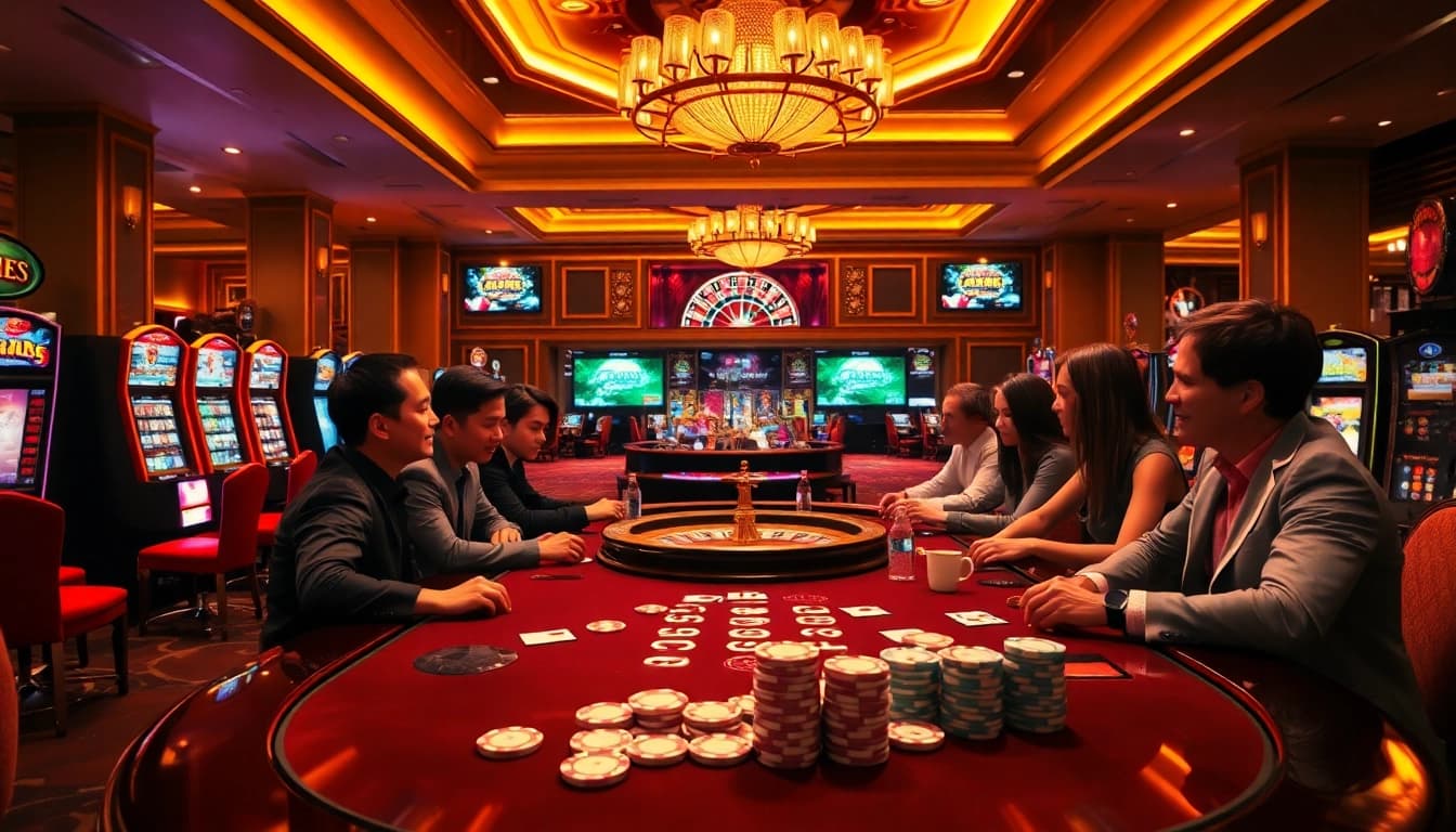 C168 gamblers engaging in poker at a luxury casino, surrounded by cards, chips, and roulette wheels.