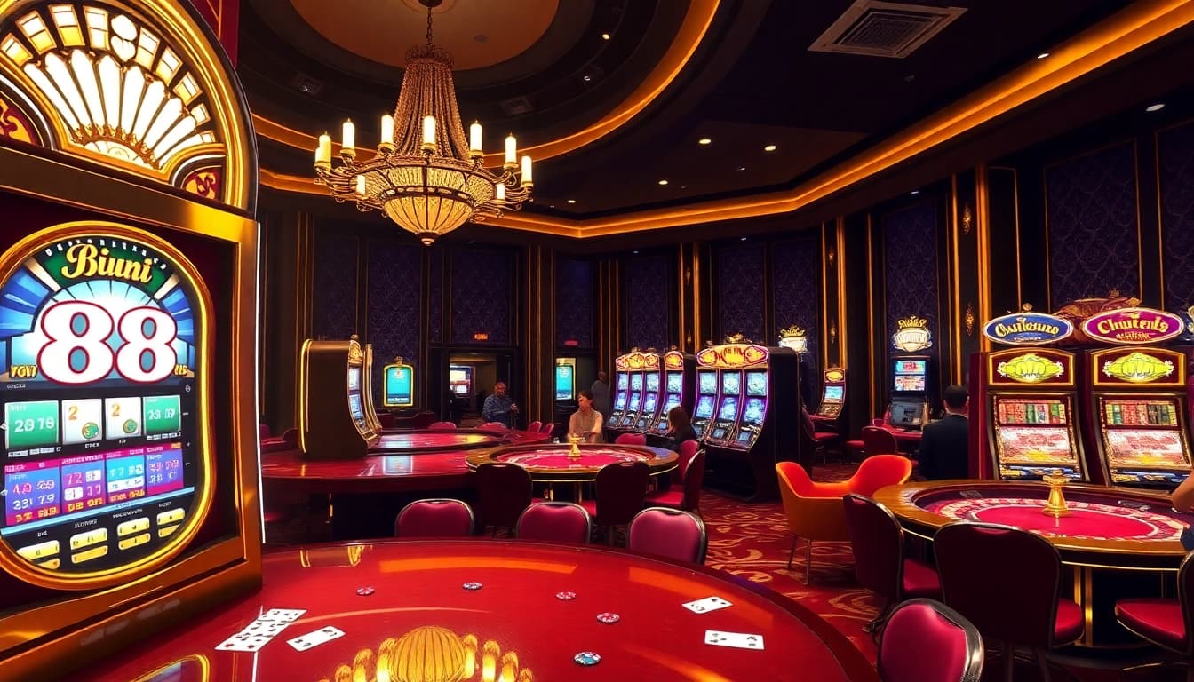 Experience luxury gaming at 88I with vibrant slot machines and engaging poker tables.