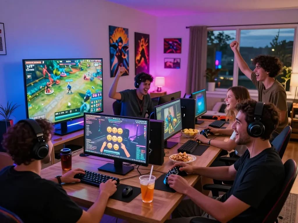 Friends enjoying tante77 online gaming in a lively room filled with snacks and LED lights.