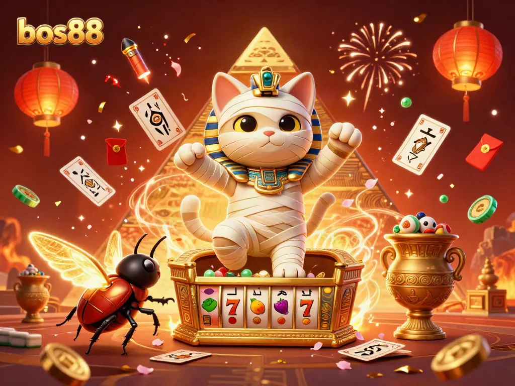 Experience the excitement of bos88 as a mummy cat bursts from a sarcophagus in a vibrant casino scene with dazzling game elements.