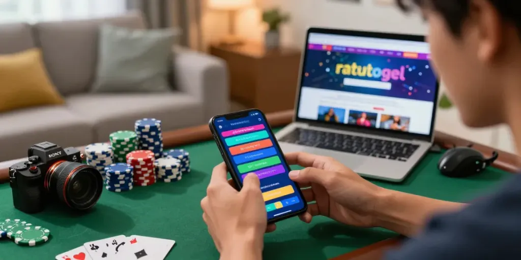 Pengguna aktif bertaruh di ratutogel dengan smartphone di ruang tamu nyaman.