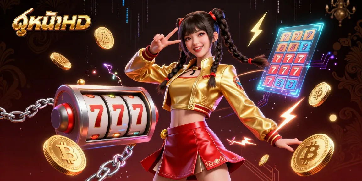 Engage with ดูหนังHD through an exciting casino-themed illustration filled with vibrant slot reels and energetic elements.