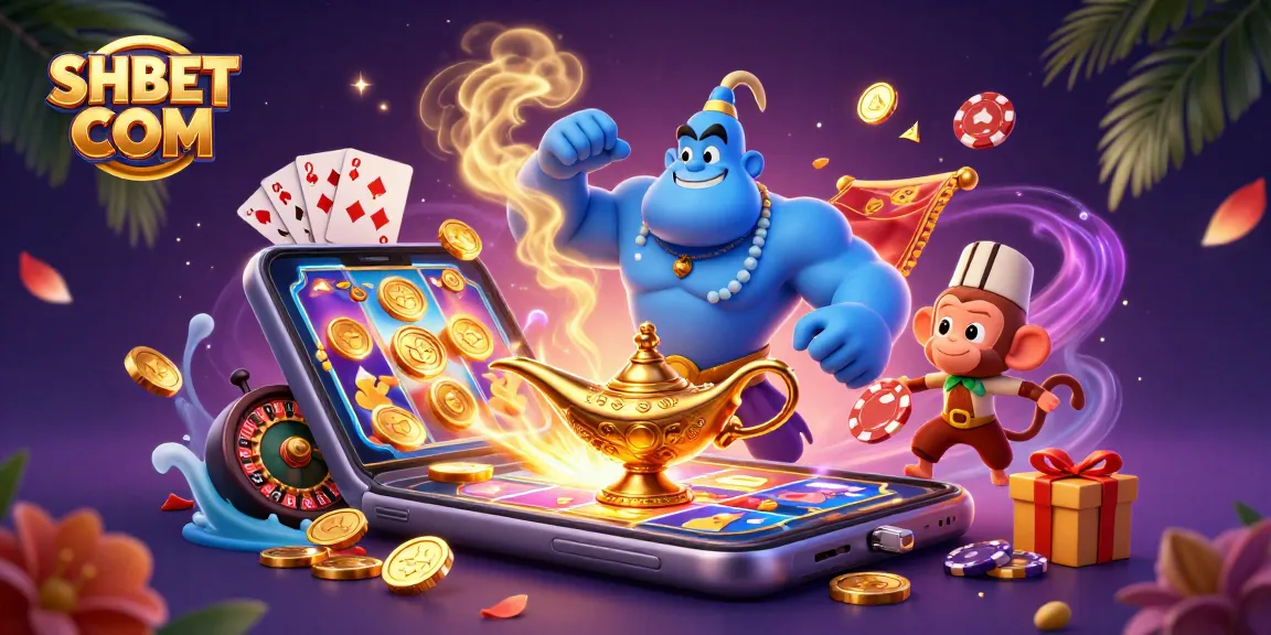 Experience thrilling wins with SHBET COM, featuring a magical genie and casino treasures.