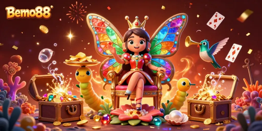 Bemo88 captivates with an enchanting 3D illustration of a butterfly queen and gameplay elements celebrating online gambling.