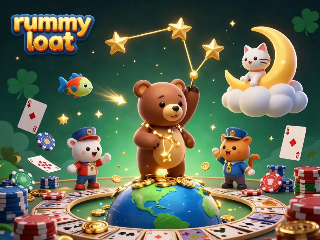 Engage with rummy loot in a vibrant, dynamic 3D illustration showcasing constellation bear and rummy gameplay elements.