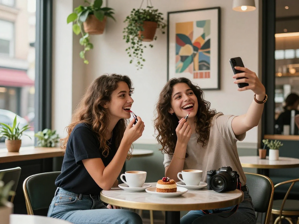 Hai phụ nữ trẻ vui vẻ trong quán cà phê, gợi nhớ đến gái gọi phong cách sống hiện đại.