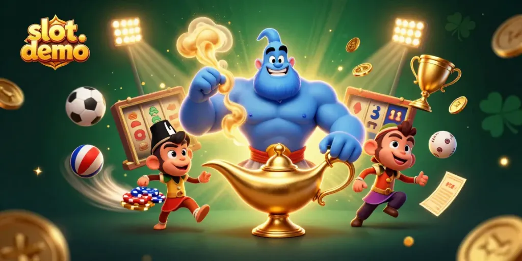 Permainan slot demo menarik dengan simbol berbentuk slot dan karakter kasino.