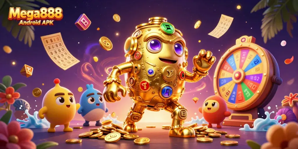 Exciting Mega888 Android APK download experience with vibrant casino themes and engaging characters.