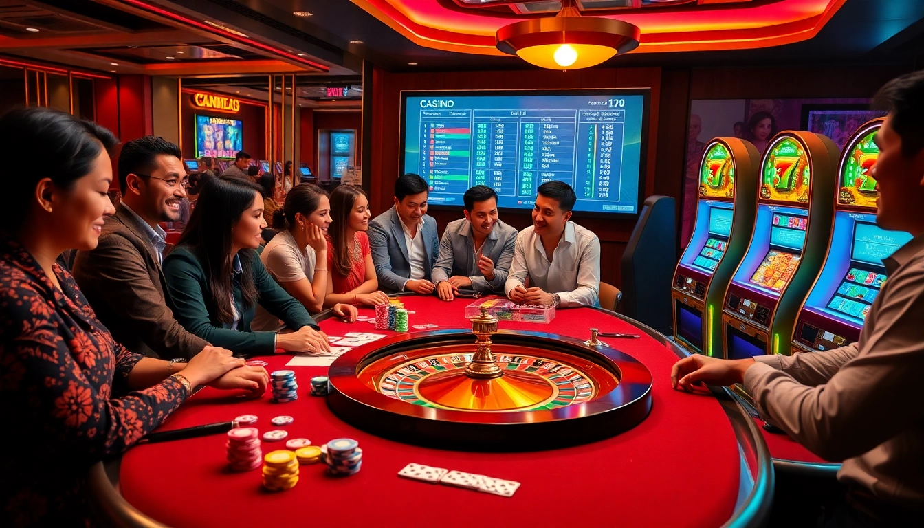 Players engaging in betting at https://68vip.co/ with vibrant casino tables and slots.