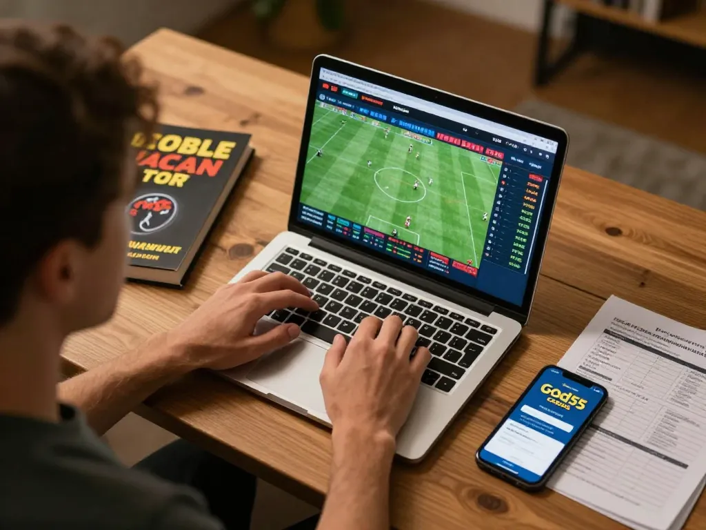 Person placing bets on the god55 platform during an exciting sports event.