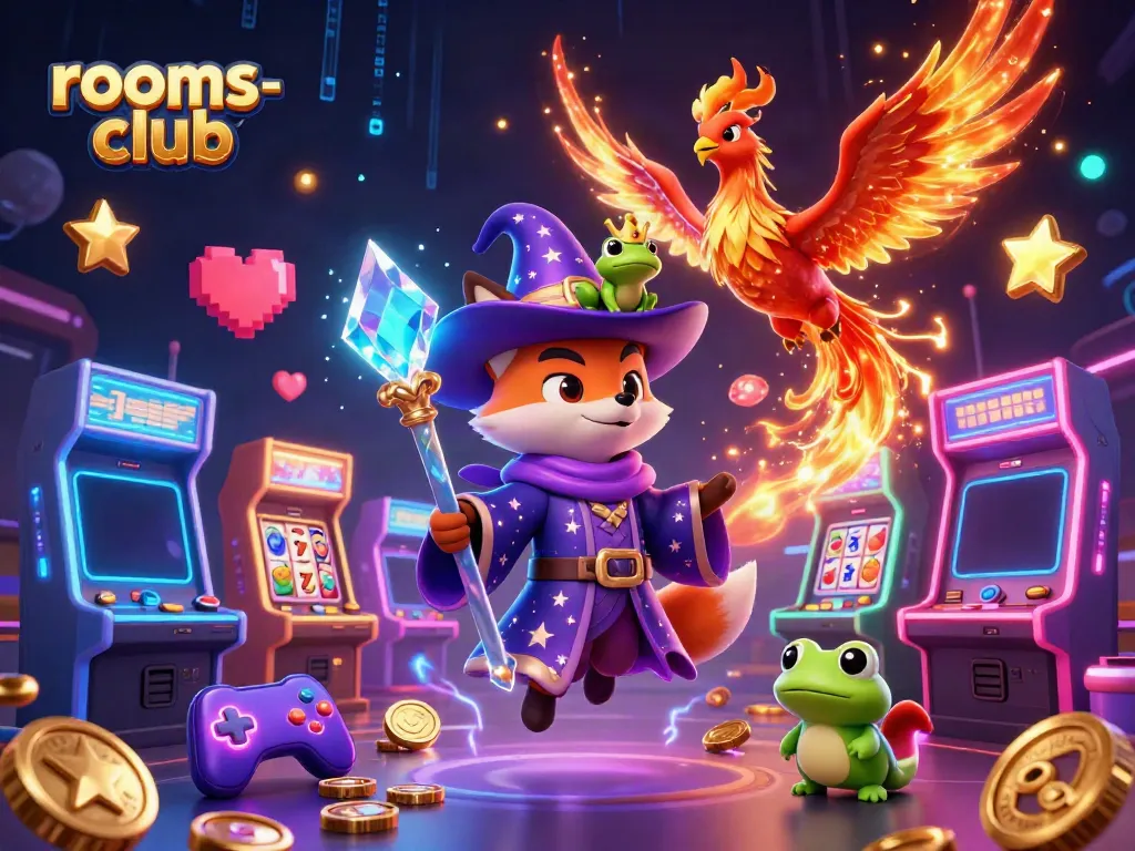 Menangkan slot online dengan game menarik di platform rooms-club, dikelilingi elemen 3D yang berkilau.