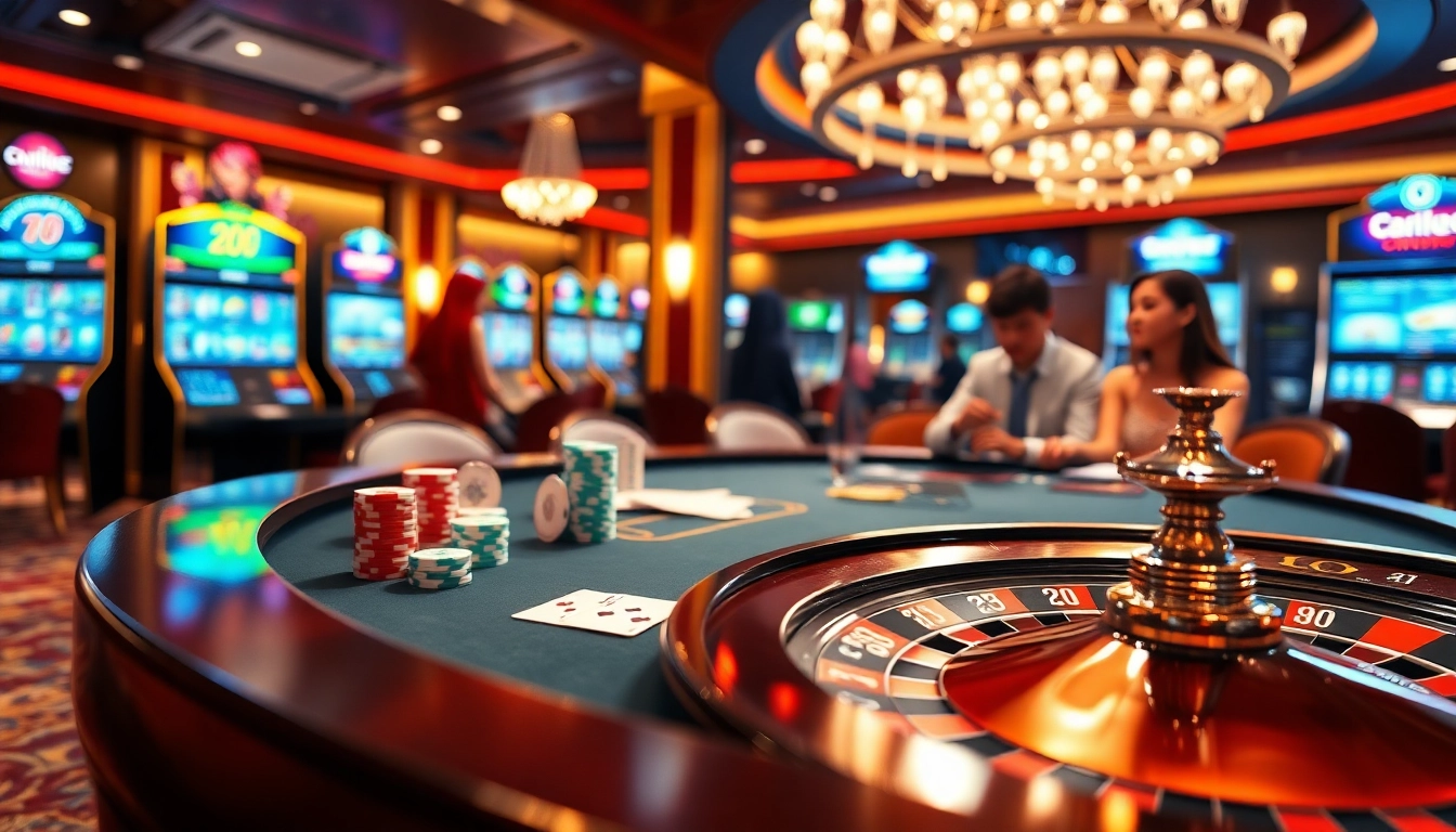 Experience the thrill of king88 with a vibrant casino scene showcasing poker, roulette, and excitement.