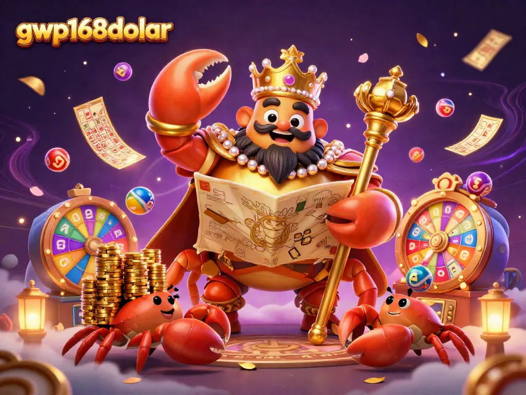 Menggandeng keberuntungan di gwp168dolar dengan krab emas, peta harta karun dan permainan lotere.