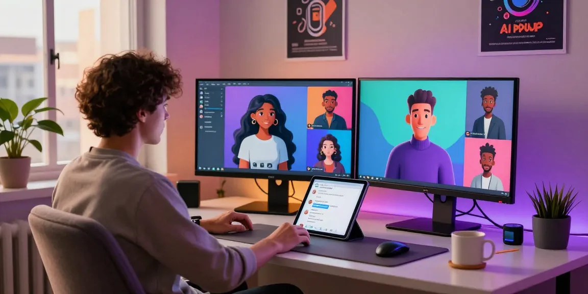 User interacting with crushon ia AI characters in a modern workspace, showcasing vibrant digital communication.