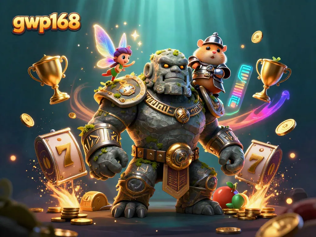 Gwp168 menghadirkan golem ajaib dan hamster ksatria di kasino yang penuh simbol keberuntungan.