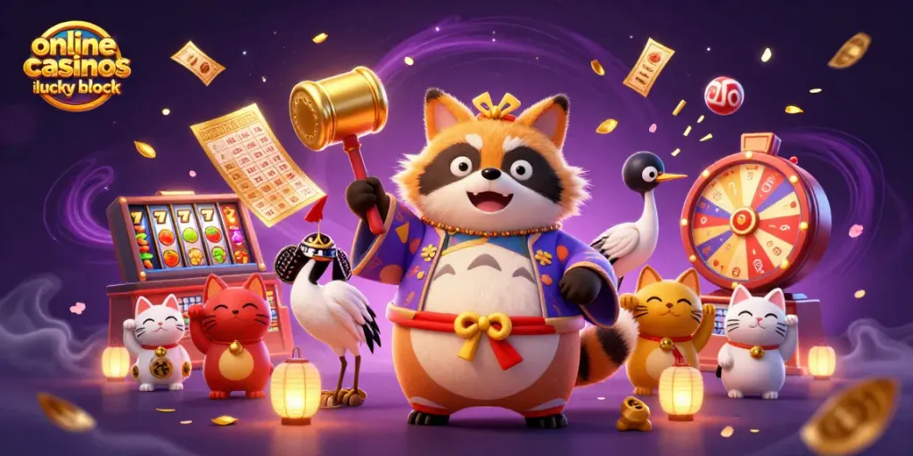 Engage with online casinos like Lucky Block featuring vibrant slots and cheerful characters in a magical setting.