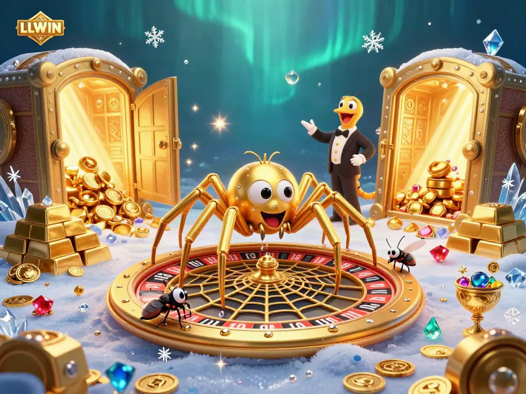 LLWIN delights players with a roulette wheel scene featuring a spider and centipede in a dazzling casino.