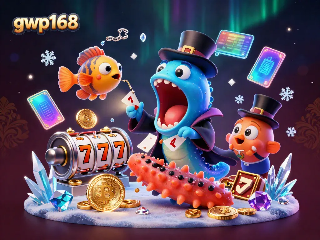 GWP168 menghadirkan pengalaman bermain yang menakjubkan dengan simbol jackpot dan slot dalam ilustrasi 3D.