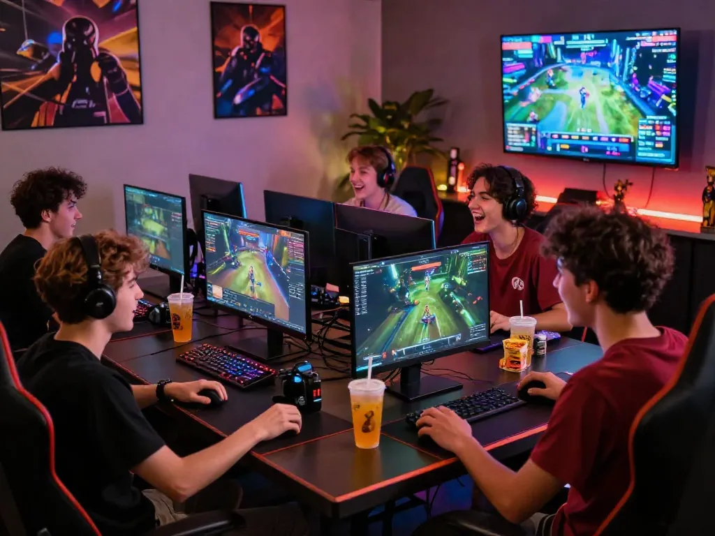A80 gaming platform scene with players engaged in a lively multiplayer session, vibrant decor, and latest gaming technology.
