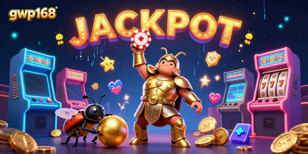 GWP168 mengguncang jackpot dengan karakter serangga canggih dalam pelukan kasino yang cerah.