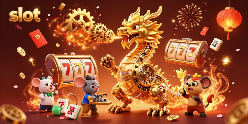Engage with the thrill of slot gameplay featuring a golden dragon alongside vibrant casino elements.