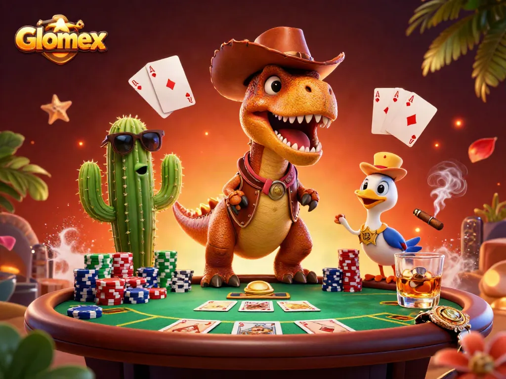 Engage with Glomex poker gameplay featuring vibrant characters and rich game elements.