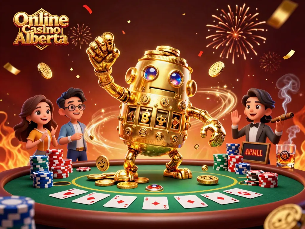 Engage in thrilling action at the Online Casino Alberta, featuring dynamic poker scenes and a golden golem.