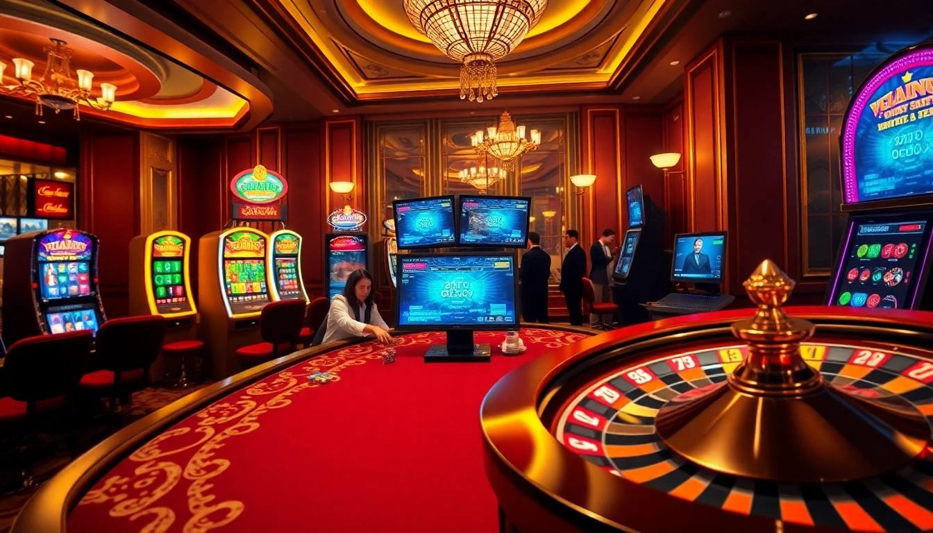 Link Vào Nhà Cái 68VIP showcasing an exciting casino atmosphere with poker, slots, and roulette.