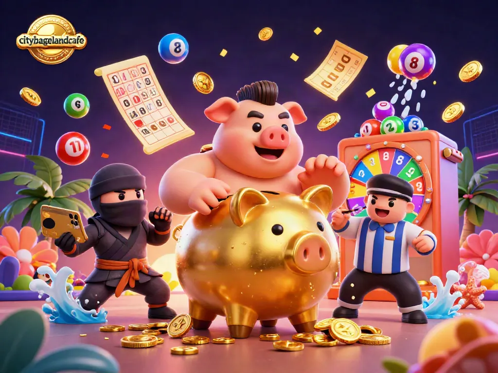 Menghela keberuntungan dengan citybagelandcafe, saat piggy bank emas membebaskan koin kemenangan.