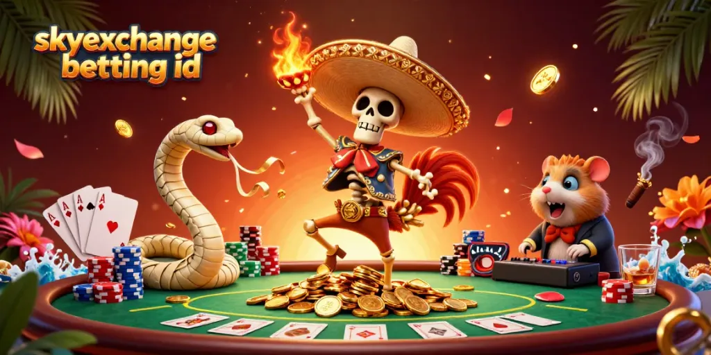 Experience the lively scene showcasing the skyexchange betting id with a dancing rooster, a mummy snake, and a DJ hamster amidst a vibrant casino atmosphere.