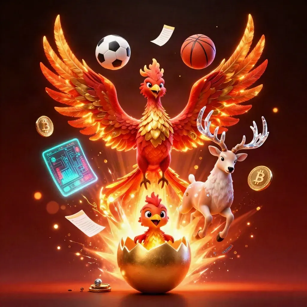 Phoenix, stag, and game coins explode around a soccer ball and basketball in fiery casino style.