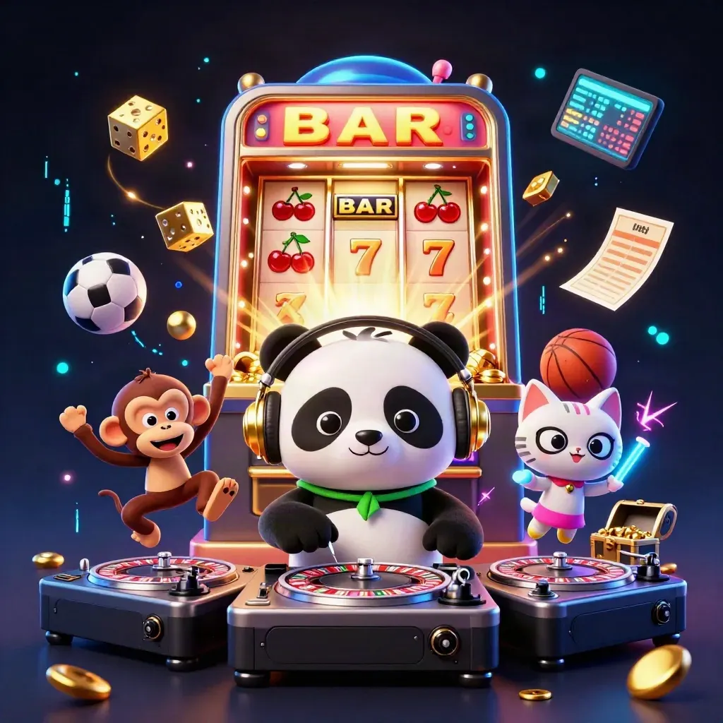DJ panda, breakdancing monkey, and glow-stick kitten amid casino bursts and neon sparks, low angle.