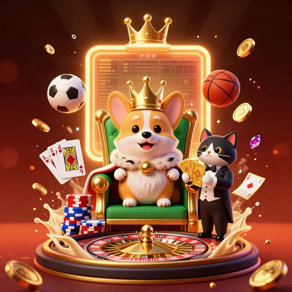Corgi king and cat butler amid casino chips, roulette, coins, and sports balls in a fiery burst.