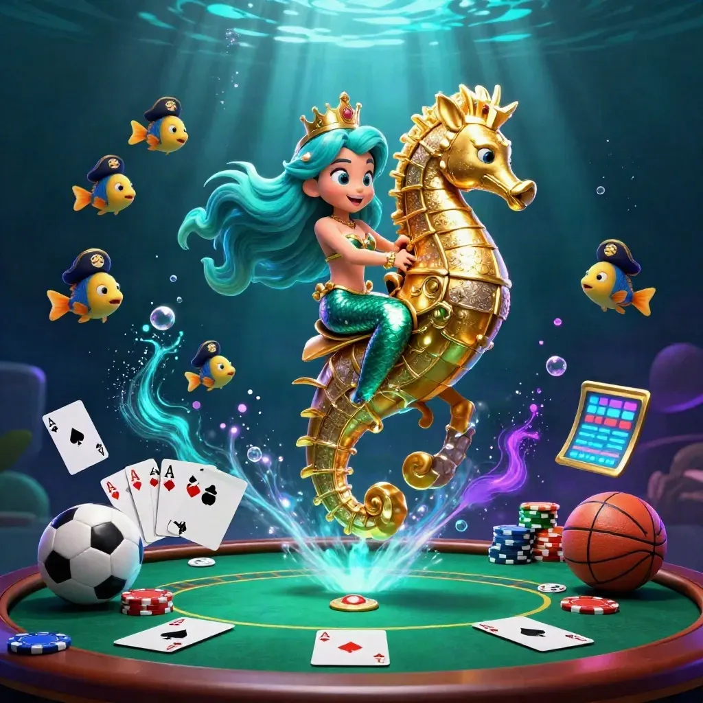 Mermaid princess on a golden seahorse, pirate fish, chips, cards and neon underwater casino glow.