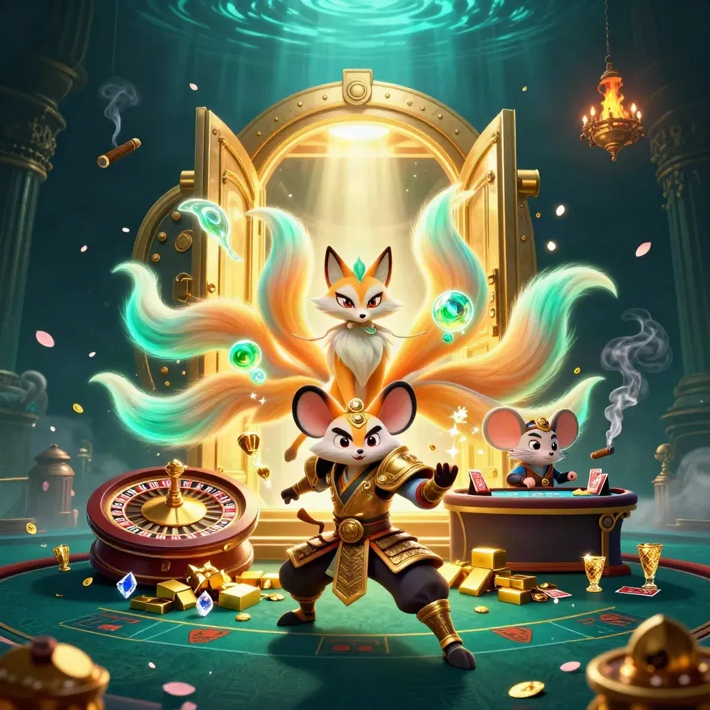 Fox spirit and samurai mouse in a luxe casino vault room with glowing treasure and roulette.